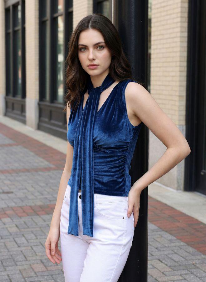 Freehand Women Fitted Solid V-Neck Sleeveless Ruched Top - Image 2